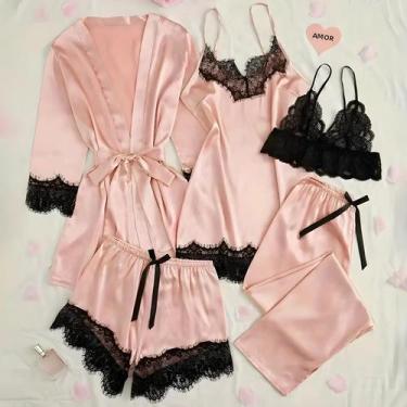 Imagem de Conjunto De Pijama De Cetim Rosa Feminino Sexy Com Renda E Patchwork, 