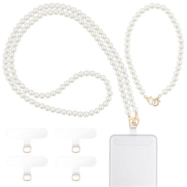 Imagem de FdcLixuvol 2 peças de tiras de telefone pérola com 4 almofadas transparentes para telefone, 2 tamanhos, contas brancas, pérolas, pulseiras, colhedores de telefone para mulheres, crachás de