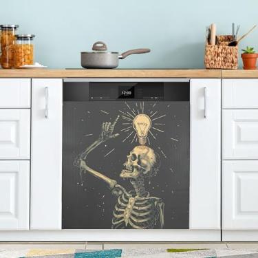 Imagem de xigua Capa magnética engraçada de esqueleto preto para lava-louças, adesivos magnéticos decorativos antiarranhões para painel de geladeira e lava-louças, decoração personalizada de cozinha doméstica