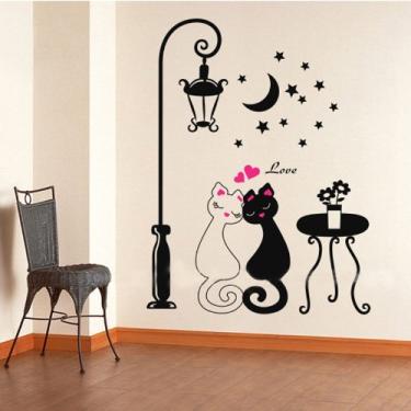 Imagem de Adesivo de Parede Desenho Animado Gatos Casais Fofos Decoração Quarto Infantil Removível Repositível Reutilizável PVC para Geladeira Telha Superfície