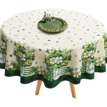 Imagem de uwdfnwuif Toalha de mesa de dia de São Patrício à prova d'água com trevo irlandês, capa de mesa de trevo de quatro folhas para decoração interna e externa do Dia de São Patrício - 178 x 178 cm redonda
