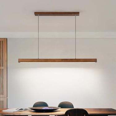 Imagem de Luminária pendente LED para mesa de jantar em madeira, com intensidade regulável, luminária pendente LED moderna com controle remoto, altura ajustável, design linear moderno, ideal para sala