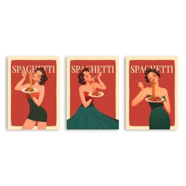 Imagem de Pôster Vintage Italian Foods Mulher Comendo Espaguete Pôsteres Ilustração Arte Pintura Impressão Massa Comida Cozinha Decoração de Parede (SKU4-3PCS, 50.8x71.1 cm = (50 x 70 cm), sem moldura)