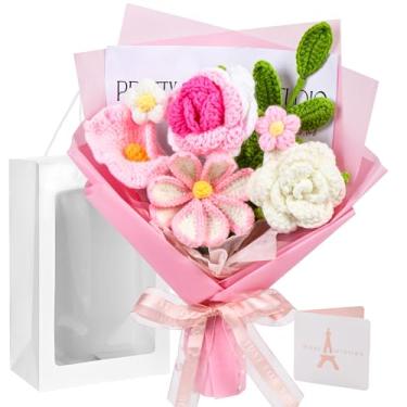 Imagem de Gouraml Buquê de flores de crochê, flores de crochê rosa para presente de dia dos namorados, rosas tricotadas feitas à mão, decoração de casa, aniversário, buquê de casamento, presente de aniversário
