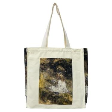 Imagem de Sacola de lona estética vintage, sacola com zíper com bolso interno, bolsas de ombro para mulheres, viagens, compras e presente, First Awakening of Love
