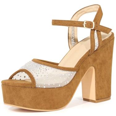 Imagem de Perphy Sandálias femininas com salto plataforma de strass e tira no tornozelo, Marrom, 39