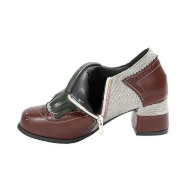 Imagem de Tênis feminino moderno e casual, versátil, estilo britânico, com costura de cor sólida, bico redondo, zíper lateral, salto grosso para uso no salto alto, Vinho vinho, 39