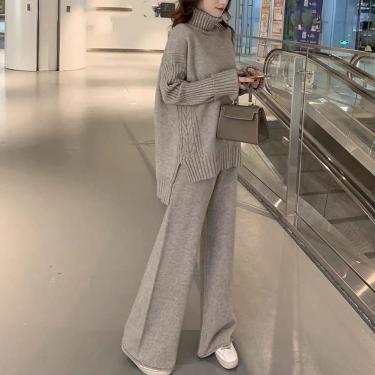 Imagem de Terno De Tricô Para Senhoras, Conjunto De Suéter De Outono/inverno Para Senhoras Conjunto De 2 Peças De Tricô De Moda Conjunto De Suéter De Gola Alta Quente, Oatmeal color, One Size