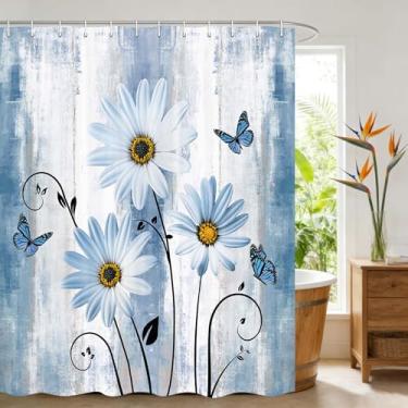 Imagem de JAWO Cortina de chuveiro rústica com flores azul-petróleo, margaridas e borboleta, para banheiro, conjunto de cortinas de banho de tecido turquesa rústico com 12 ganchos de 12 peças, 177 x 170 cm
