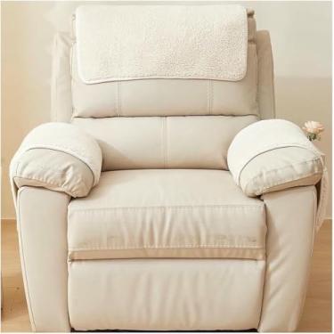 Imagem de Conjunto de 3 peças de capas para apoio de braço de sofá em lã sherpa com base antiderrapante e bolso de armazenamento. Capas para apoio de braço de poltrona reclinável.