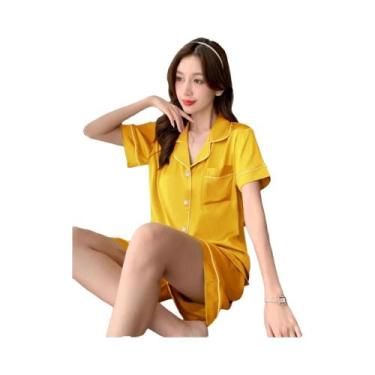 Imagem de Conjunto De Pijamas De Verão Feminino Em Cetim Sólido Confortável Em D