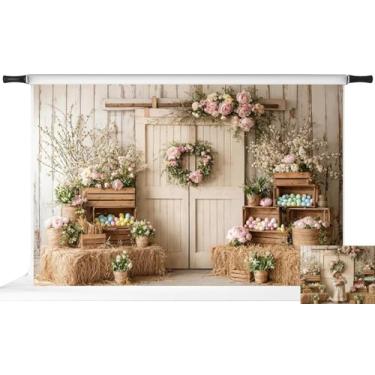 Imagem de Kate Pano de fundo de Páscoa para sessão de fotos flores de primavera porta de celeiro de madeira ovos coloridos adereços de faixa de festa, 3 x 2 m