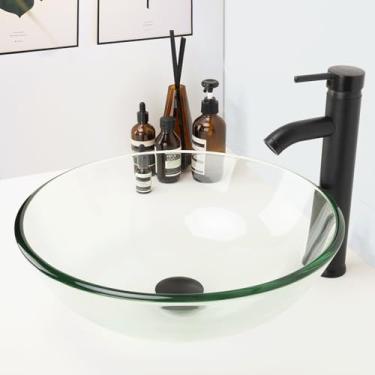 Imagem de YIMAI Ingenuity Design Vessel Sink Pia De Banheiro Acima Do Balcão Pia De Banheiro Pequena Tigela Bancada Pias Modernas Com Torneira E Combinação De Drenagem 16,5" Redondo Transparente Novo