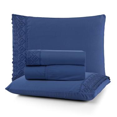 Imagem de Jogo de Lençol Nobre Queen 4 Peças MicroPercal 200 Fios Bordado Inglês Fino - Azul Galáxia - 100% Poliéster