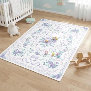 Imagem de CCoutueChen Tapete floral roxo 10 x 15 cm, lavável, interior, antiderrapante, moderno, campo francês, tapete para sala de aula, para berçário, sala de jogos, creche, quarto, sala de estar