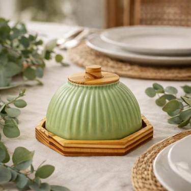 Imagem de Queijeira Cloche Pequena Octagonal Madeira Cerâmica Canelada - Luggari