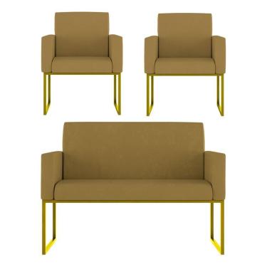 Imagem de Kit 2 Poltronas + Namoradeira Lugares Recepção Base Dourada Capuccino