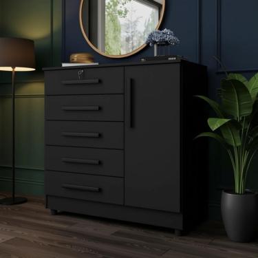 Imagem de Cômoda Grande 5 Gavetas 1 Porta Com Chave Elegante Preta Preto