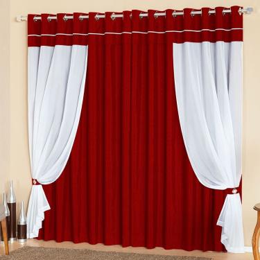 Imagem de Cortina De 2 Metros Lívia Vermelho/branco Com Voil 2,00m X 1,70m Para Varão Simples - Decoração Sala Quarto
