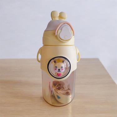 Imagem de Garrafa Amarela Infantil De Coelho 520ml Com Alça Canudo Anti Vazamento E Adesivos Coloridos