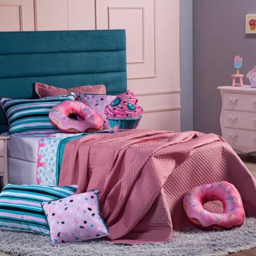 Imagem de Kit Cobre Leito Colcha Solteiro Cake Donuts Rosê/tiffany Dupla Face Com Almofadas Estam...