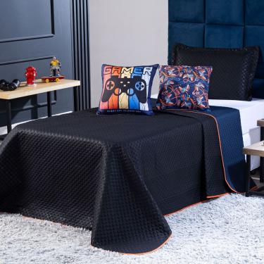 Imagem de Kit Cobre Leito Colcha Casal Padrão Gamer Day Preto/azul Marinho Dupla Face Com Almofad...