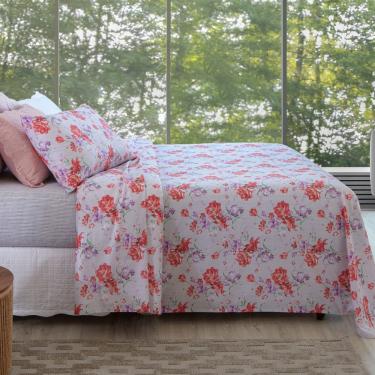 Imagem de Jogo De Cama Lençol Casal Padrão Estampado Attuale Floral Vermelho/cinza Com Fronhas 04 Peças - Percal 100% Algodão
