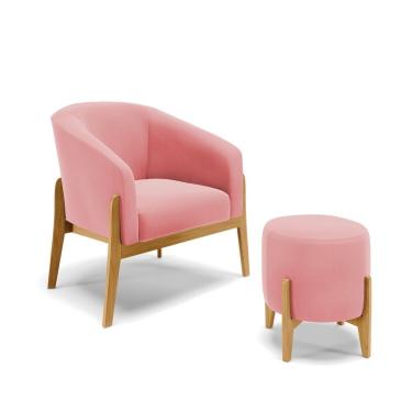 Imagem de Kit Poltrona E Puff Stella Suede Rosa Base Madeira Castanho D'Rossi