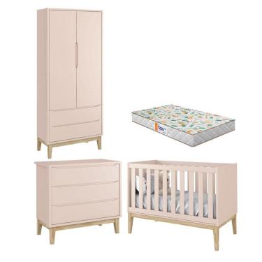 Imagem de Quarto De Bebê 2 Portas E Cômoda Gaveteiro New Classic Rosa Com Pés Madeira Natural E C...
