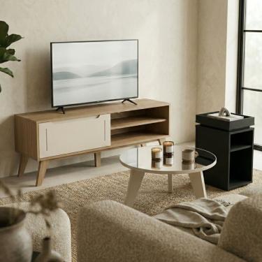 Imagem de Sala de Estar Lotus Rack 60" com Mesa de Centro Espelhada e Apoio Lateral MDF Off White Dkadidecor