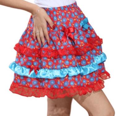 Imagem de Saia Festa Junina Adulto Vermelha Floral Azul com Laços - Sulamericana