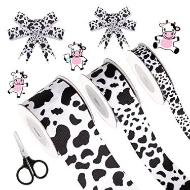 Imagem de Fita de impressão de vaca, BENBO 3 rolos 15 jardas impressão de vaca fita de borda com fio padrão de ponto de vaca fita de tecido de embrulho de juta fita de impressão animal com tesoura para grinaldas, embrulho, artesanato, festa em casa