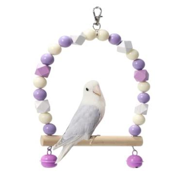 Imagem de Balanço de pássaro de madeira para calopsitas, papagaio, brinquedos pendurados, periquitos, suportes de gaiola, playground, acessórios de ginástica, brinquedo de escalada de sino de contas coloridas para periquitos, conures e periquitos (roxo-branco)