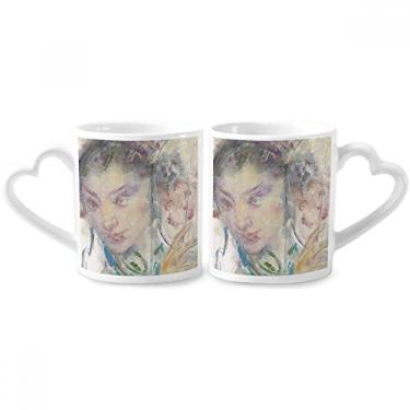 Imagem de Conjunto de canecas de porcelana para casal com pintura a óleo chinesa de ópera XJJ com alça de coração