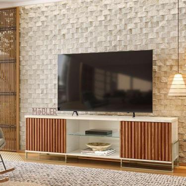 Imagem de Bancada Rack Ripado 180cm Palestra Prateleira De Vidro Mdp/mdf Mel/off White G44 - Gran Belo