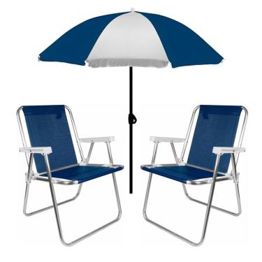 Imagem de Kit Guarda Sol Fashion 1,8m 2 Cadeira Alta Sannet Para Praia Piscina Camping Azul Marinho - Mor