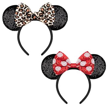 Imagem de YUNISS 2 PCS Minnie Mickey Ears, Shiny Sequin Bow Mouse Ears Headbands for Adult Women Girls Christmas Birthday Party (leopard&dot bow)