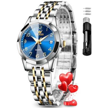 Imagem de OLEVS Relógio feminino moderno com diamante para mulheres, analógico, quartzo, aço inoxidável, à prova d'água, luminoso, dia, data, dois tons, relógio de pulso, Dourado, azul, Moderno