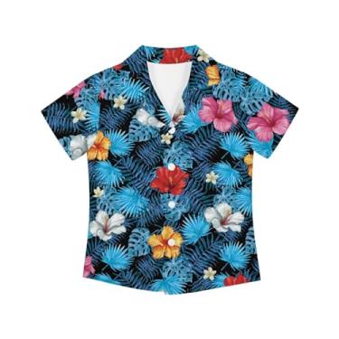 Imagem de Pugasmiru Camiseta unissex infantil adorável havaiana macia abotoada manga curta verão casual camisas 3-16 anos, Flores tropicais, 13-14 Years