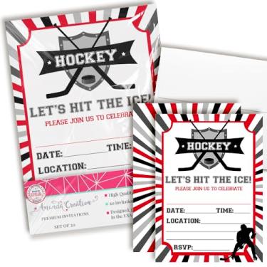 Imagem de Convites de festa de aniversário de hóquei para meninos, 50 x 18 cm, preencha cartões com vinte envelopes brancos da AmandaCreation