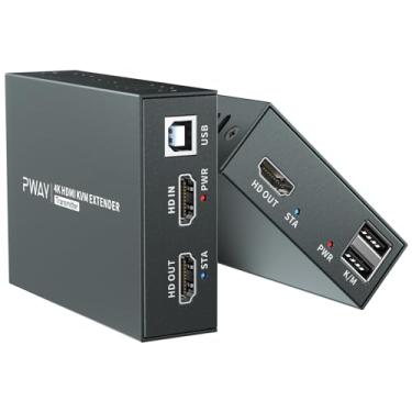 Imagem de PWAYTEK Extensor USB 4K HDMI KVM para transmissão de vídeo 4 K a 60 Hz por cabo Ethernet Cat5e/6 60 m (196 pés), suporte de latência zero, controle de teclado, sinal remoto NVR