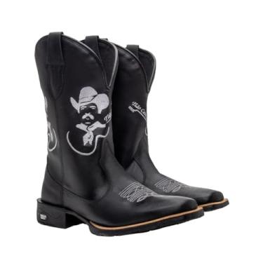 Imagem de Bota Texana Masculina Couro Country Bico Quadrado Preta Peão Tamanho:39;Cor:Preto;Gênero:Masculino