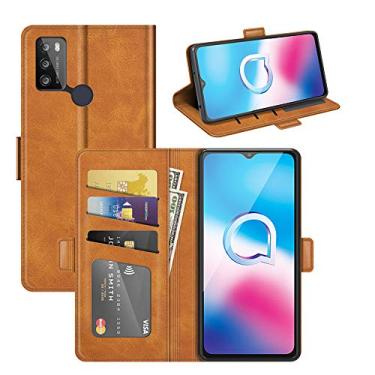 Imagem de Capa para Alcatel 1S 2021, carteira de couro PU premium estilo livro ímã capa de telefone flip dobrável com compartimentos para cartão para Alcatel 3L 2021 capa de telefone (amarela)