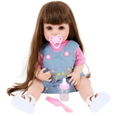 Imagem de Bebê Sweetie Reborn Jardineira Jeans Flores Premium 55cm