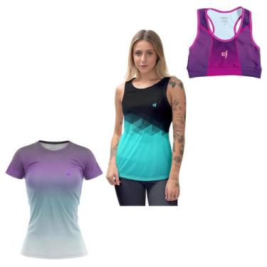 Imagem de Kit Camiseta Academia Feminina UV 50 Regata Cavada Top Cropped Fitness