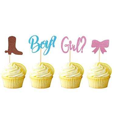 Imagem de Arthsdite 48 peças de topos de cupcake para meninos ou meninas, botas ou laços, revelação de gênero, palitos de cupcake, chá de bebê, decorações de bolo para crianças, festa de aniversário, suprimentos