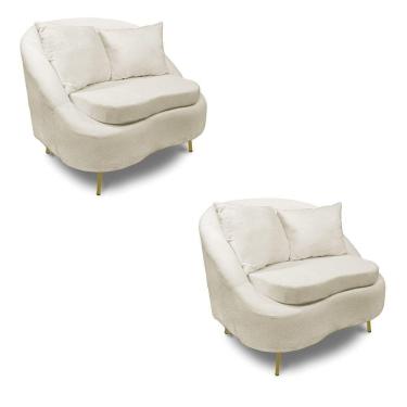 Imagem de Poltrona Decorativa Orgânica Pé Ferro Dou Kit 2 Zaya Bouclê C05 - D`rossi Cor Off White