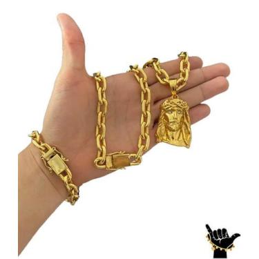 Imagem de Corrente Cadeado 14mm + Pulseira + Pingente - Banhado a Ouro - ToJoia1