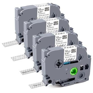 Imagem de Womiten Pacote com 4 12 mm fita transparente laminada TZ compatível com fita adesiva transparente Brother TZe-131 TZe-135 preta/branca em transparente para P Touch PT-D210 PT-D200 PT-H100 PT-1880