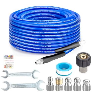 Imagem de Kit de jateador de esgoto flexível de 1,2 m para lavadora de pressão, mangueira de limpeza de drenagem 5800psi com rotação de canto Npt de 1/4 polegada e chave inglesa de bico de esgoto de nariz de 4